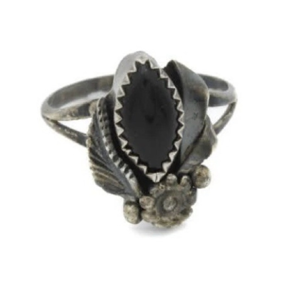 Southwest Artist Les Baker Sterling Onyx Feather Ring - Picture 7 of 13
